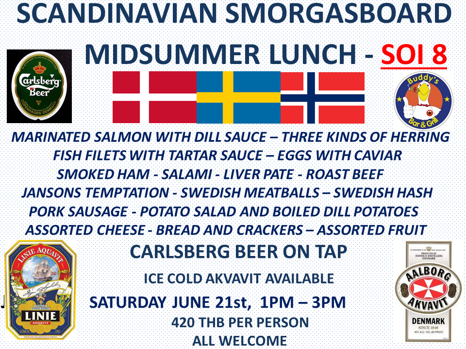 🇸🇪🇩🇰🇳🇴 SCANDINAVIAN SMORGASBOARD 🇸🇪🇩🇰🇫🇮 MIDSUMMER LUNCH – SOI 8 🌼🎉 🥂 Saturday, June 21st | 1 – 3 PM | 420 THB per person