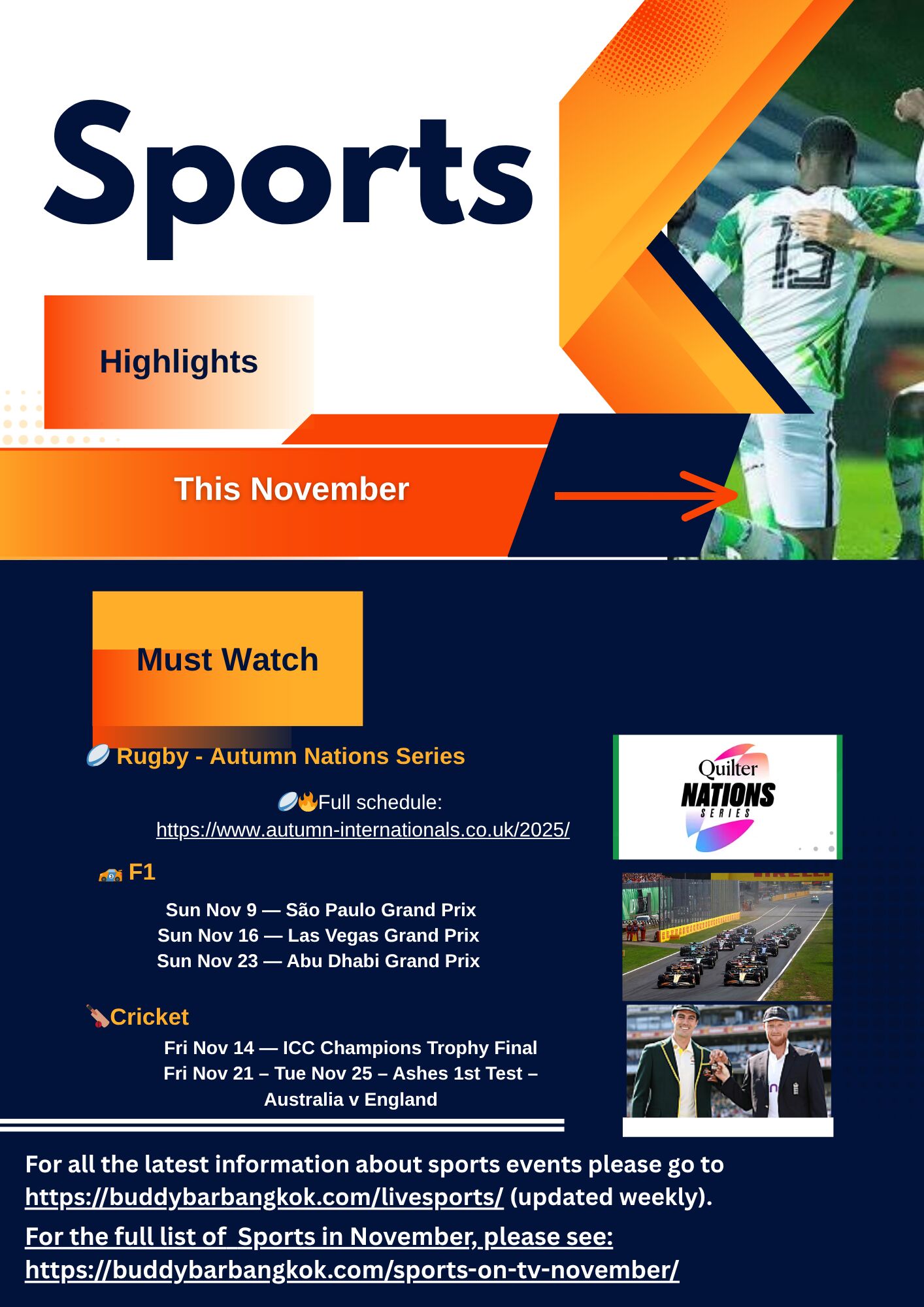 Sports LIVE at Buddy’s Bar & Grill Never miss a big match at Buddy’s Bar & Grill! With 5 locations: Silom, Sukhumvit Soi 8, 20, 22, and 89, you can always find the game you’re looking for