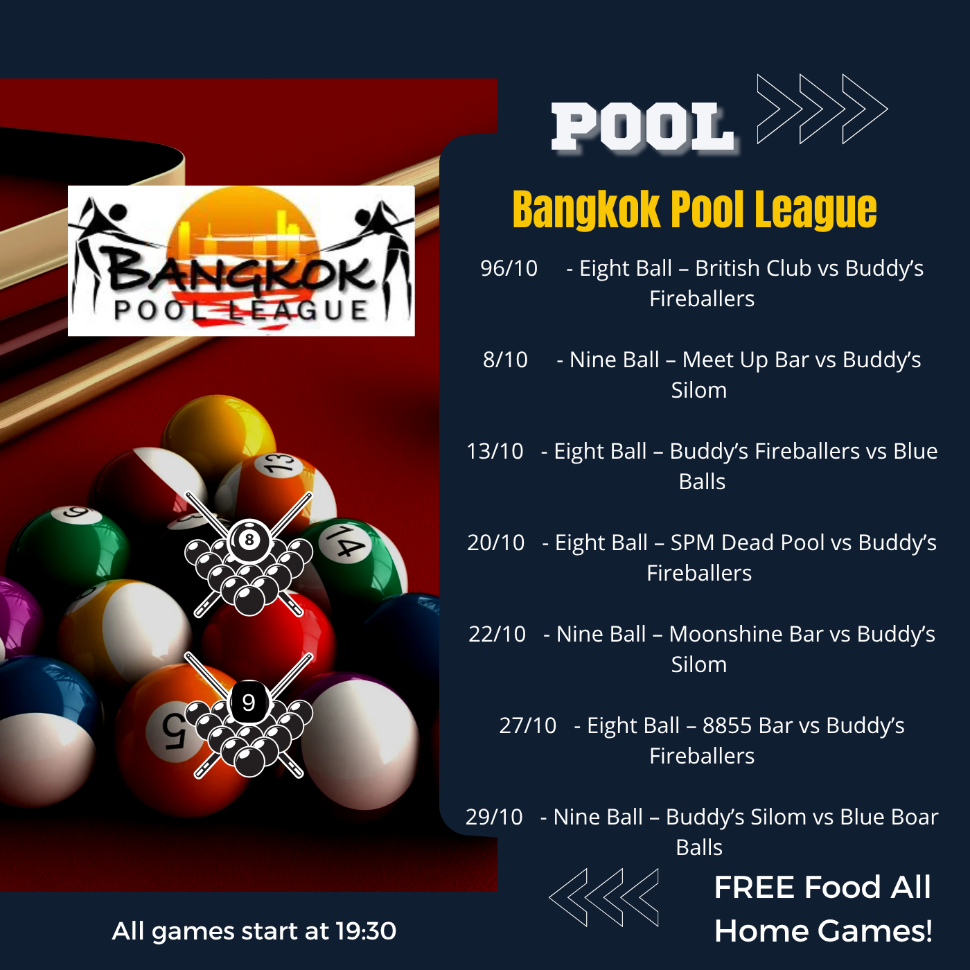 Play pool for FREE at Buddy's Bar & Grill Bangkok