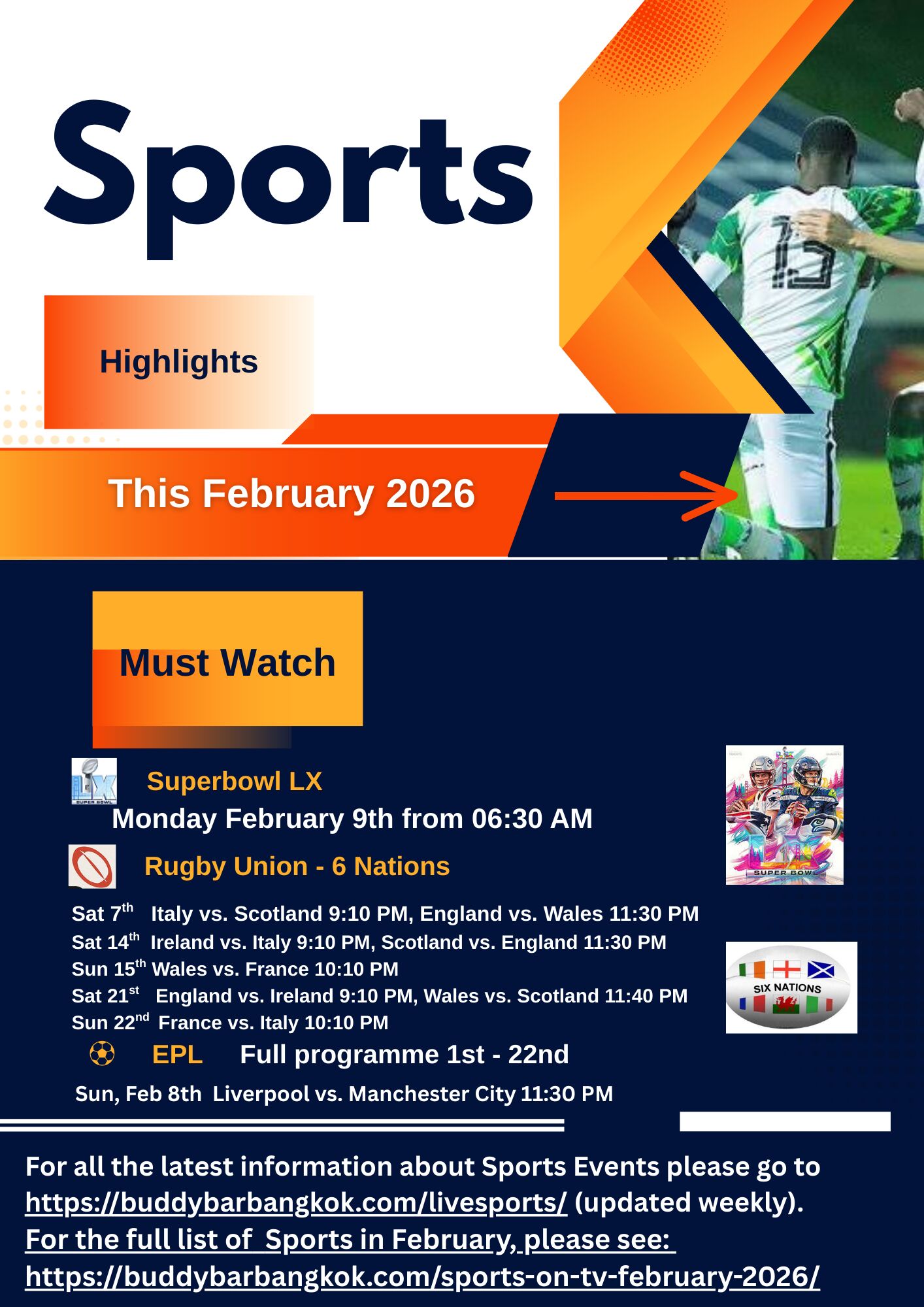 Sports LIVE at Buddy’s Bar & Grill Never miss a big match at Buddy’s Bar & Grill! With 5 locations: Silom, Sukhumvit Soi 8, 20, 22, and 89, you can always find the game you’re looking for