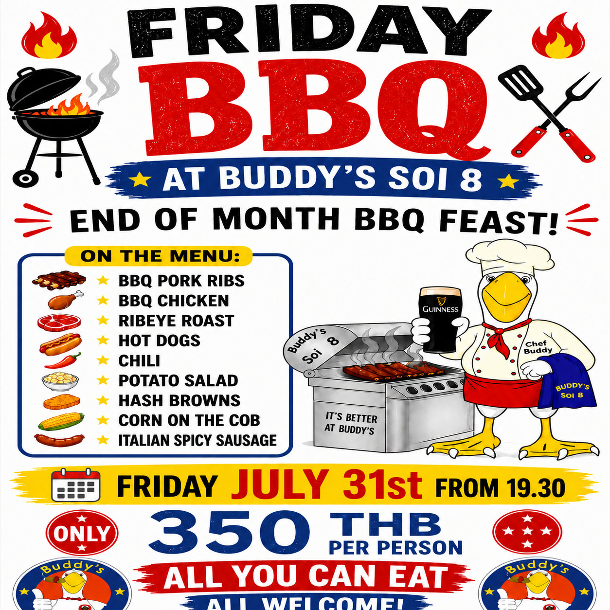 **🍖 End of Month BBQ**, which will now take place at **Buddy's Soi 8** on Friday July 31st