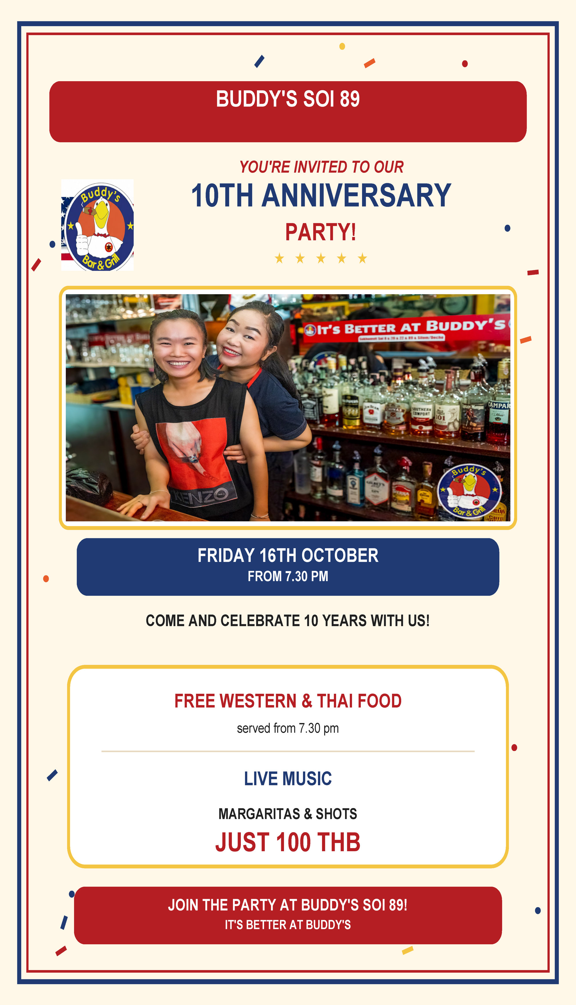16/10 – 10th anniversary party at Buddy’s Soi 89. Free Western and Thai Food from 19.30 with live music. Margaritas and...