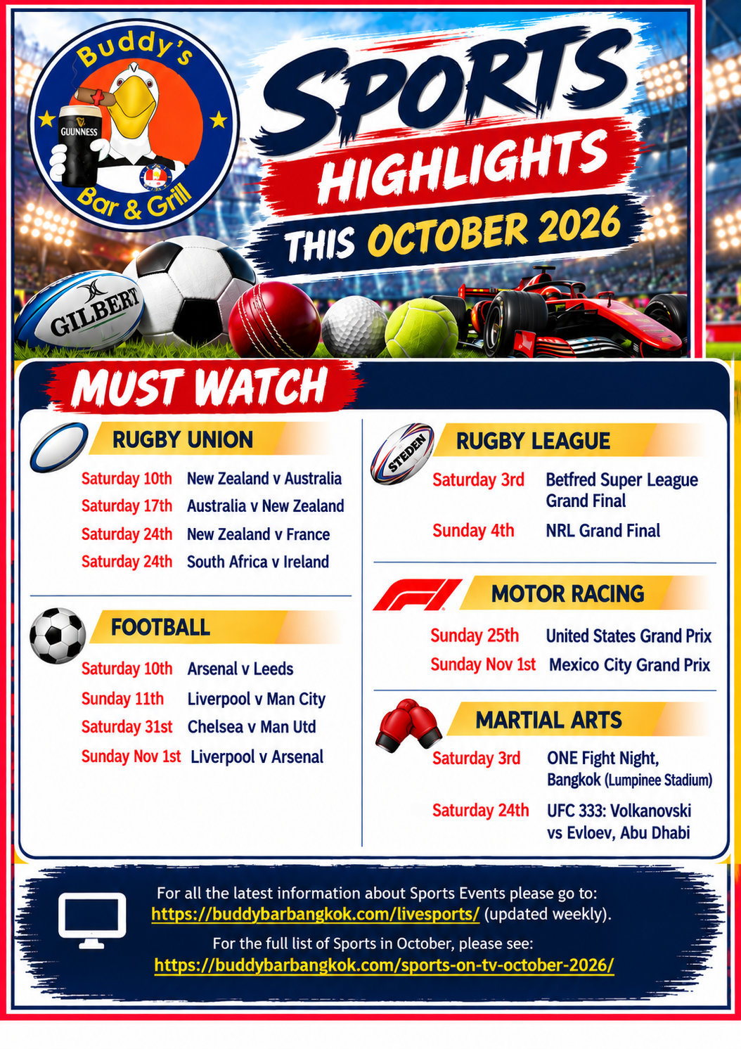 Sports LIVE at Buddy’s Bar & Grill Never miss a big match at Buddy’s Bar & Grill! With 5 locations: Silom, Sukhumvit Soi...